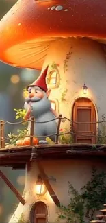 Gnome on a mushroom house in a whimsical fantasy scene.