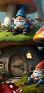 Whimsical gnome scene with mushrooms.