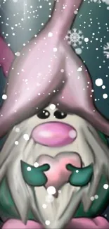 Mobile wallpaper of a whimsical gnome with snowflakes on a dark background.