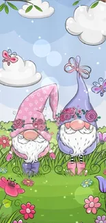 Whimsical gnomes in floral meadow wallpaper.