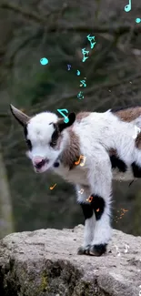 Cute goat on rock with colorful music notes floating around.