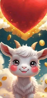 Cartoon goat under a giant heart with coins.