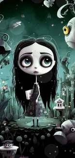 Whimsical gothic wallpaper featuring a girl in a dark forest setting.