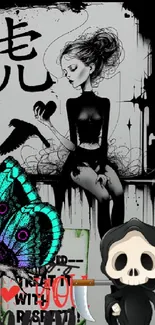 Gothic artwork featuring a girl and skull cartoon with a butterfly.