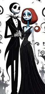 Gothic couple illustration in a whimsical, spooky style, perfect for mobile wallpaper.