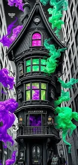 Gothic house with colorful smoke in fantasy art style.