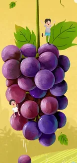 Whimsical grape wallpaper with playful children climbing large purple grapes.