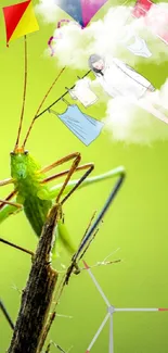 Whimsical grasshopper on green background with kites and dreamy elements.