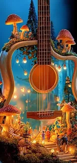 Whimsical guitar with glowing mushrooms and miniatures.