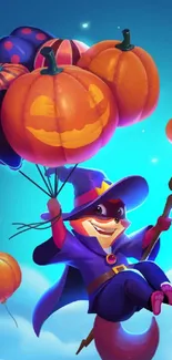 Raccoon in wizard costume with pumpkin balloons, vibrant Halloween scene.