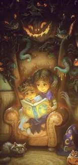 Children reading book under Halloween pumpkin glow with spooky creatures.