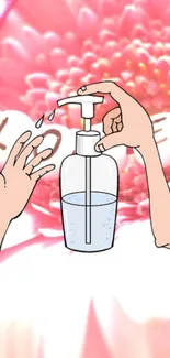 Illustrated hands with sanitizer on floral pink background.