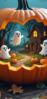 Halloween pumpkin with ghosts and haunted house.