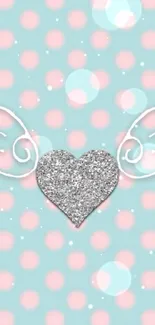 Glittery heart wallpaper with wings and pastel polka dots.