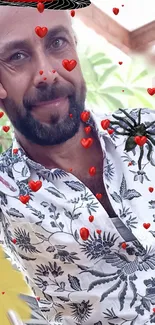 Wallpaper of man in floral shirt with red hearts and a spider.