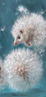 Hedgehogs playing in dandelions on a teal background.