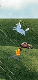 Whimsical art with unicorn and vintage car on rolling green hills.