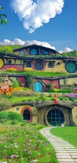 Whimsical hillside dwellings with vibrant colors and a serene garden path.