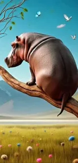 Imaginative artwork of a hippo on a tree branch in a whimsical landscape.