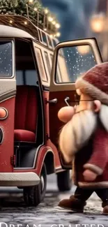 Festive cartoon figure beside vintage van with Christmas decorations.