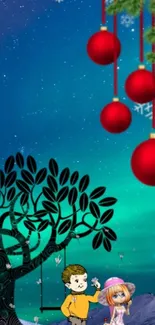 Whimsical holiday scene with red ornaments against a turquoise sky.