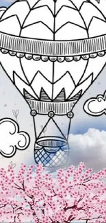 Whimsical wallpaper with hot air balloon, pink blooms, and clouds.