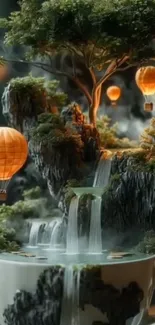 Fantasy landscape with hot air balloons and waterfalls in a teacup.