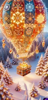 Whimsical hot air balloon over snowy landscape with colorful patterns.