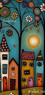 Whimsical wallpaper with houses and sun.