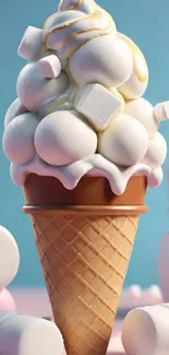 Ice cream cone with marshmallows on a blue background.