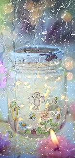 Whimsical glass jar with fairy lights surrounded by colorful flower candles.