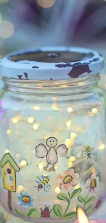 Whimsical jar with fairy lights and illustrations.