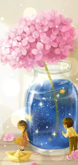 Whimsical wallpaper with pink flower in starry blue jar and cute figures.