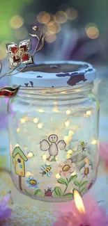 Whimsical jar with fairy lights and flowers, perfect for a mobile wallpaper.