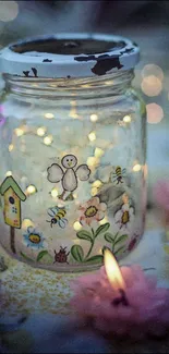 Whimsical jar with fairy lights and floral candles in a dreamy setting.