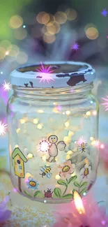 Enchanting glass jar with fairy lights and stars surrounded by flowers.