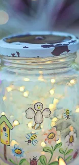 Whimsical mason jar with fairy lights and floral designs creating a magical ambiance.