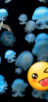 Vibrant blue jellyfish with emoji and bird over dark background.