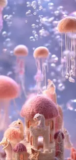 Whimsical fantasy scene with jellyfish and castle.