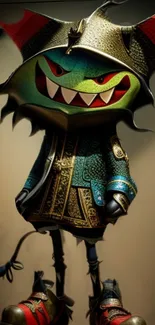 Whimsical jester creature in colorful armor on mobile wallpaper.