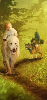 Child rides dog, cat follows in whimsical forest scene.