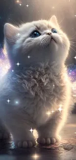 Whimsical wallpaper of a fluffy kitten with angelic wings.