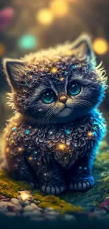 Mystical kitten with lights in enchanted forest wallpaper.