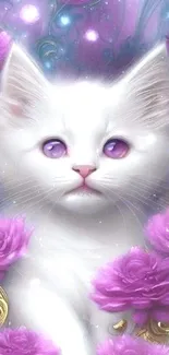 Whimsical fantasy art of a kitten with purple roses.