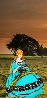 Artistic lady in blue dress sitting in field with sunset backdrop.