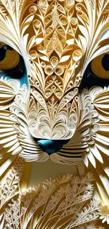 Intricate whimsical lion art wallpaper design with gold tones.