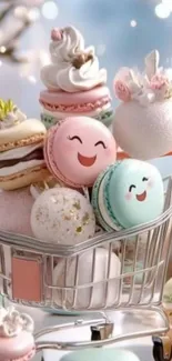 A cart filled with cute, smiling pastel macarons on display.