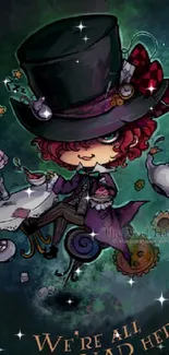 Whimsical Mad Hatter wallpaper with dark colors and playful design.