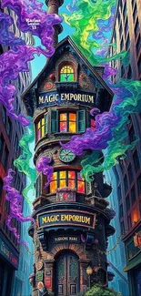 Whimsical Magic Emporium with colorful smoke and vibrant architecture.