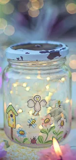 Whimsical Mason jar with fairy lights and flower decorations.